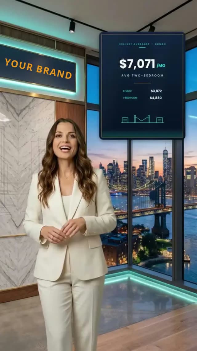 News anchor presenting a Brooklyn rental-market report on a newsroom set with a sign reading ‘YOUR BRAND’ and an on-screen data card